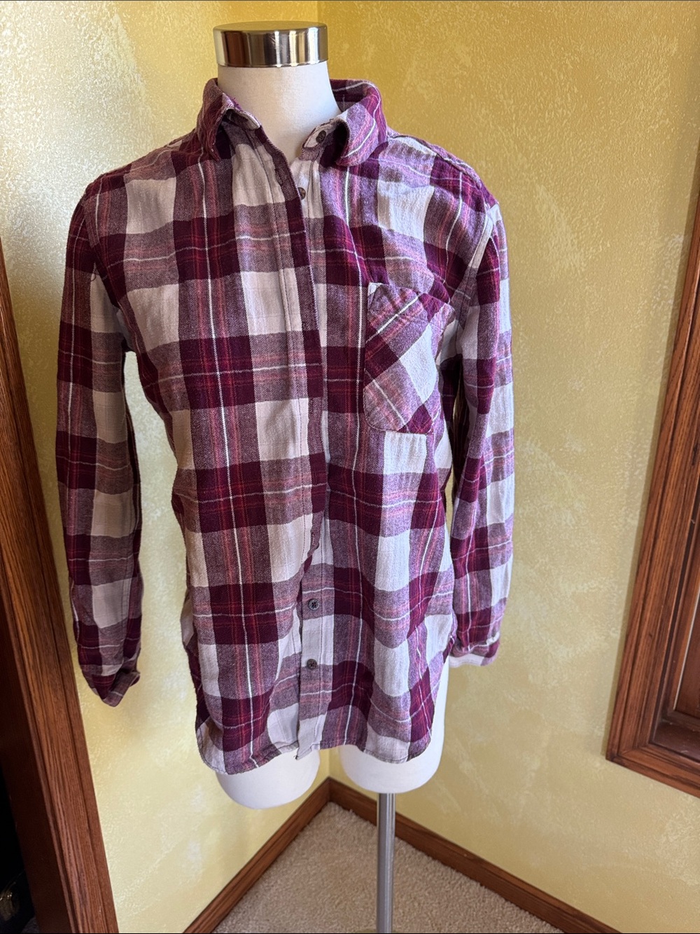 Garage Burgundy and Off White Plaid Button-Up Shirt
